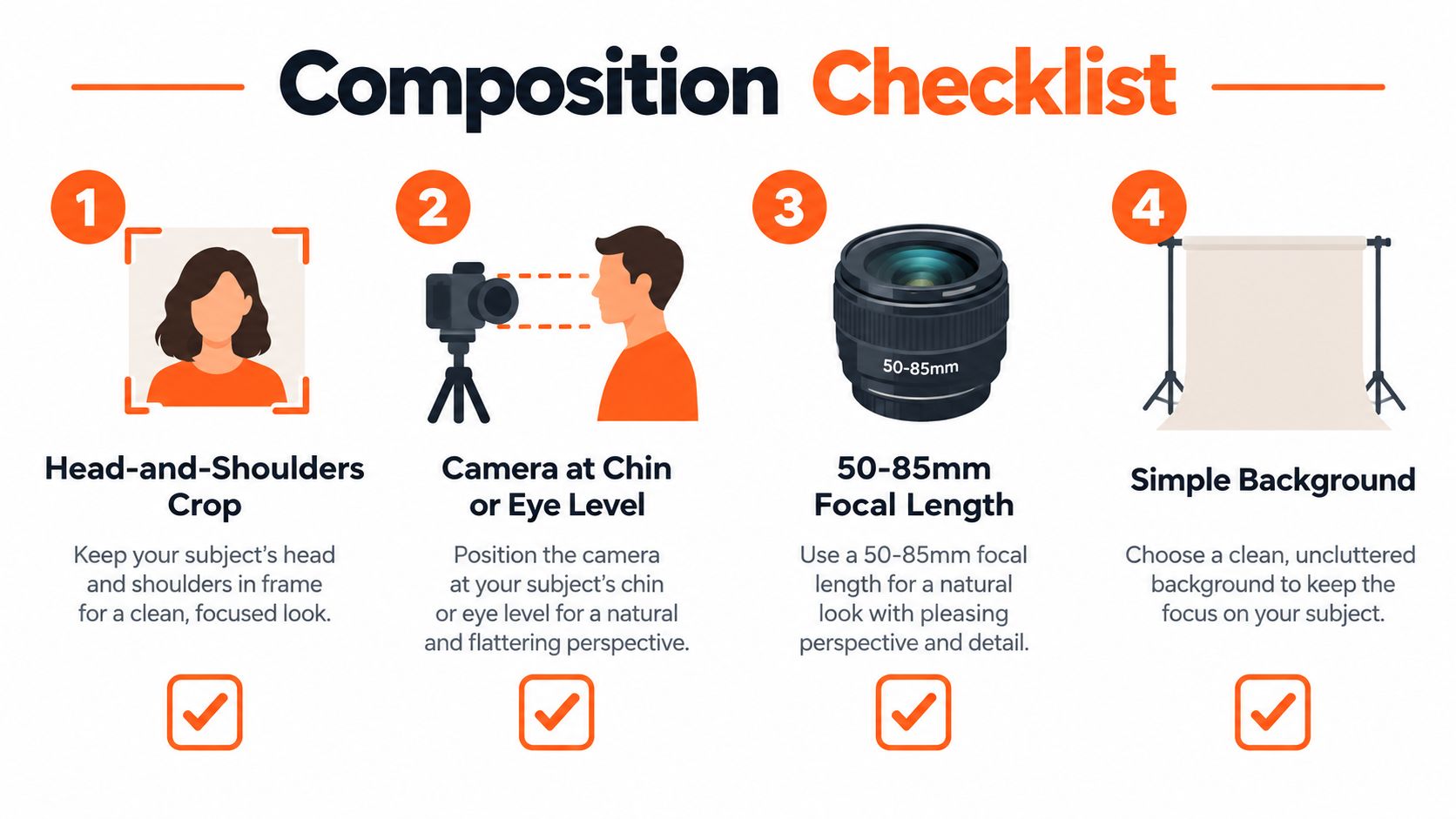 A checklist illustrating four essential photography tips for creating professional portraits with simple, clear instructions.