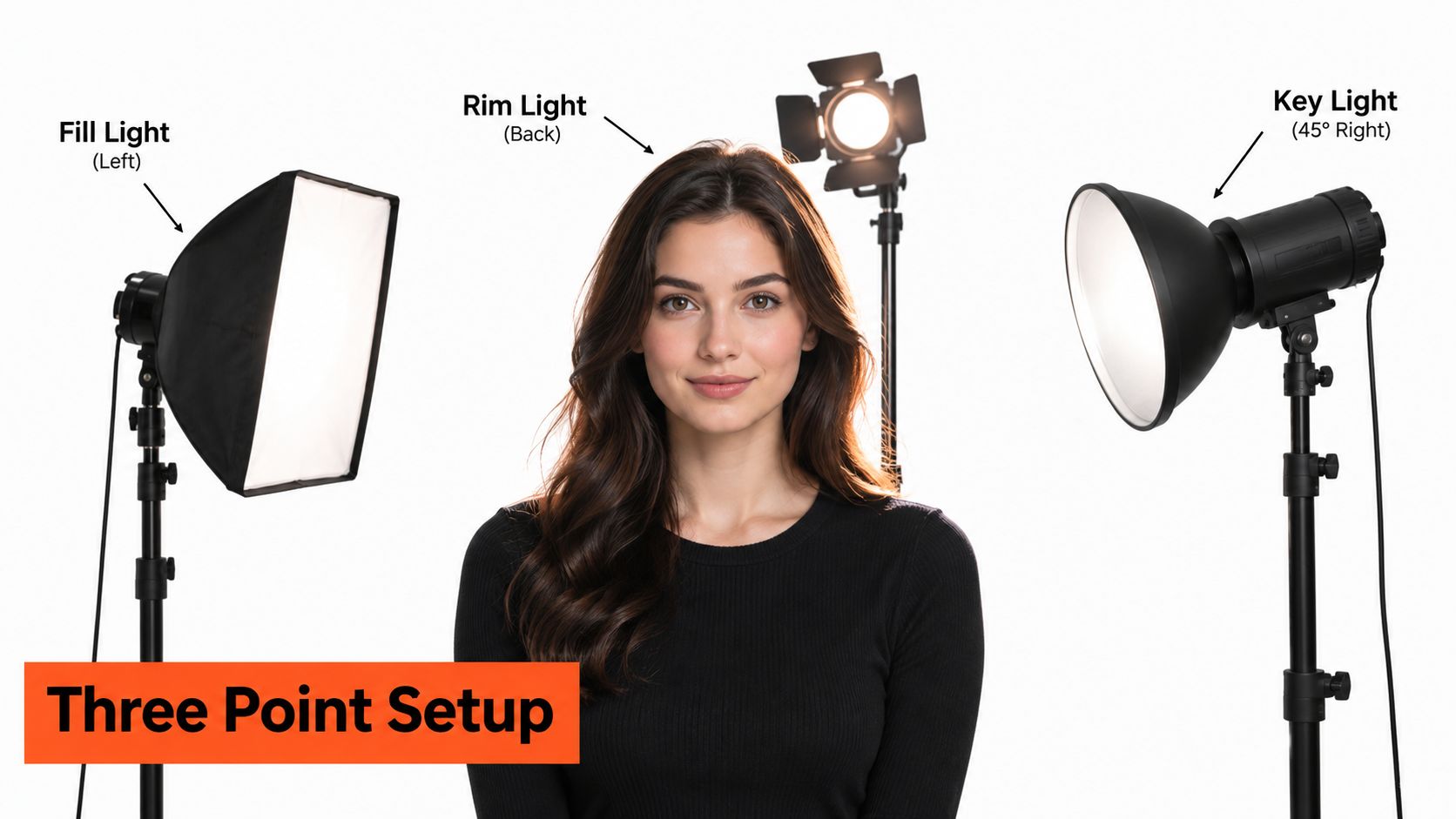 A professional three-point lighting setup for a corporate portrait featuring a subject with key, fill, and rim lights.