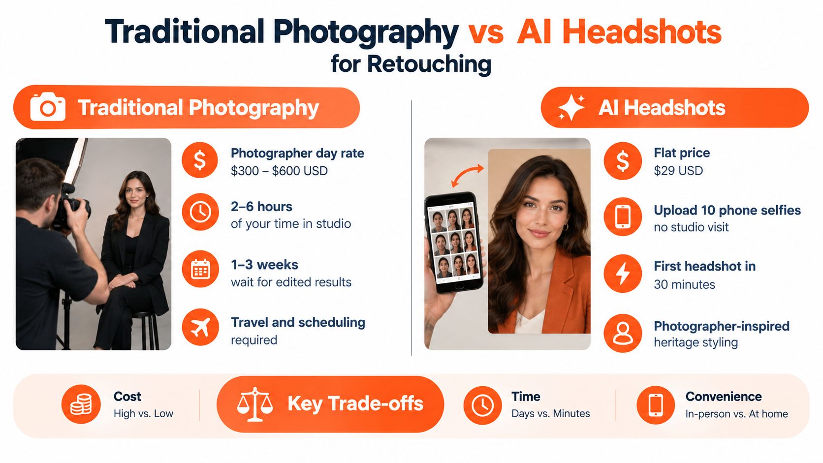 A comparison infographic between traditional studio photography and AI-generated headshots for portrait retouching and professional images.