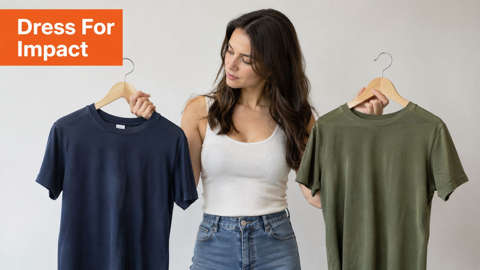 A woman holding up a dark blue t-shirt and an olive green t-shirt on wooden hangers.