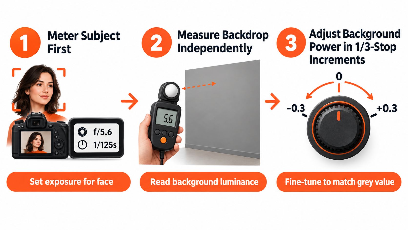 A three-step infographic showing how to set proper background lighting for professional portrait photography using a light meter.