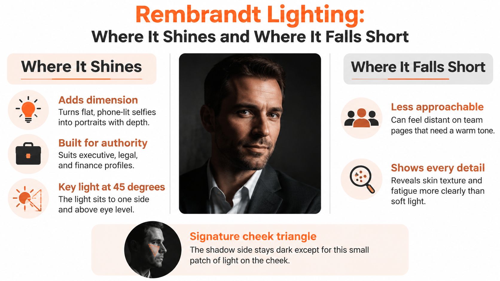 An infographic explaining Rembrandt lighting, its benefits for authority, and its limitations in portrait photography.