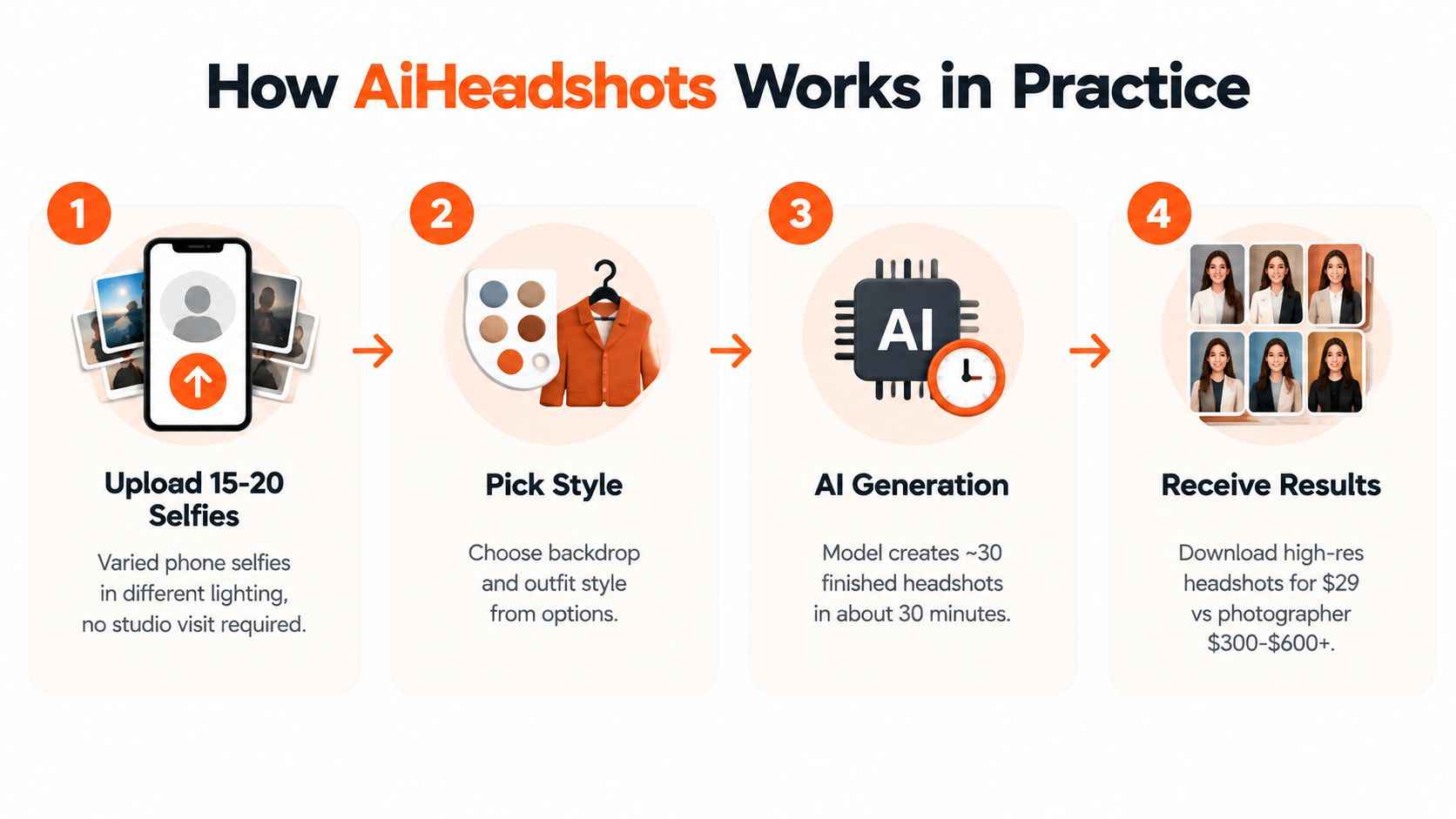 A four-step infographic illustrating the AiHeadshots process, from uploading selfies to receiving final professional AI-generated headshots.