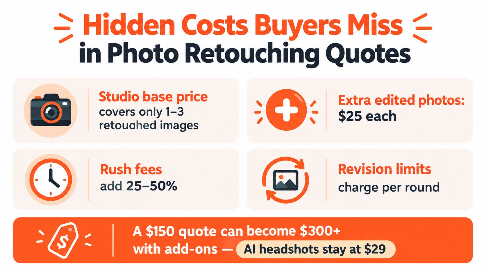 An infographic illustrating hidden costs in photo retouching quotes like base prices, rush fees, and revision limits.