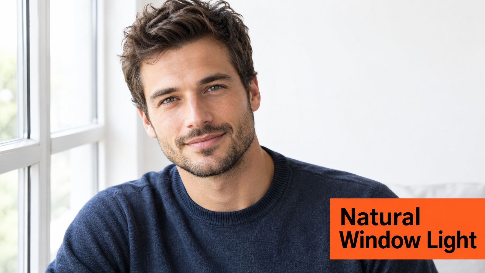A professional male actor with a soft expression posing for a headshot in natural window light.
