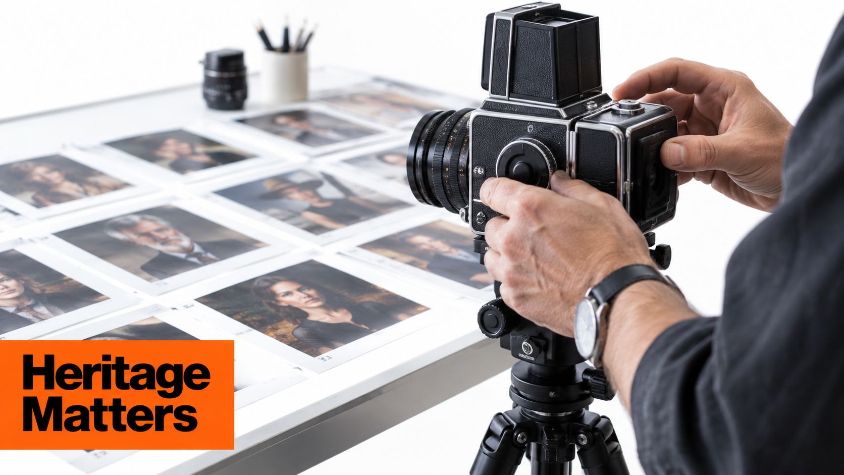 A professional photographer uses a medium format camera to capture images of portrait photography prints.