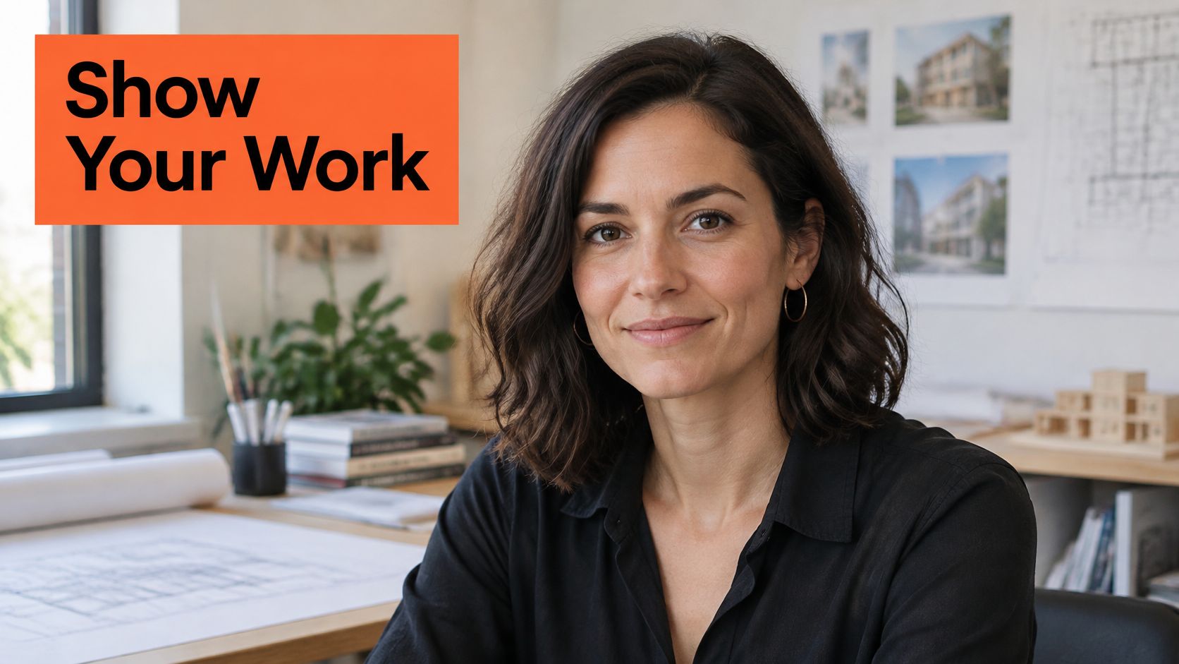 A professional female architect sitting in her bright design studio with architectural blueprints and models.