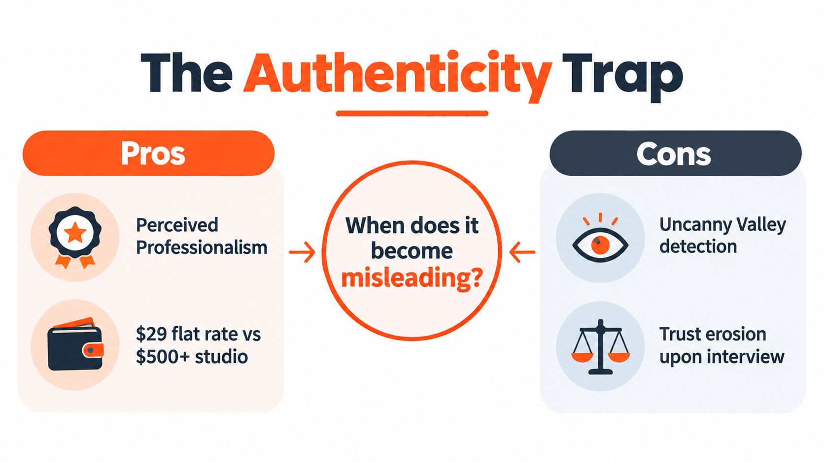 A diagram titled The Authenticity Trap comparing the pros and cons of using AI-generated professional headshots.
