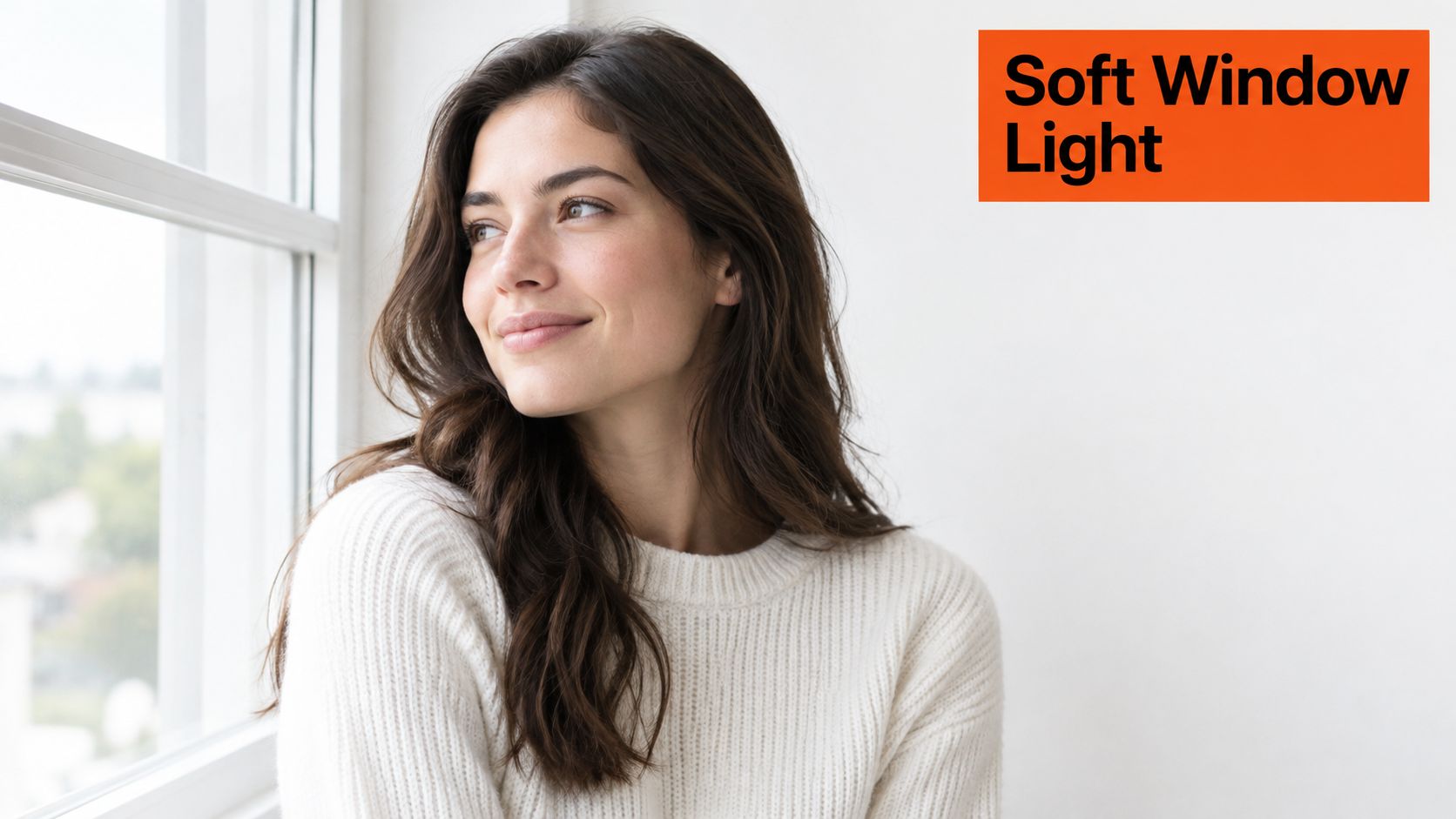 A young woman with brown hair smiling softly while looking out a window in natural light.
