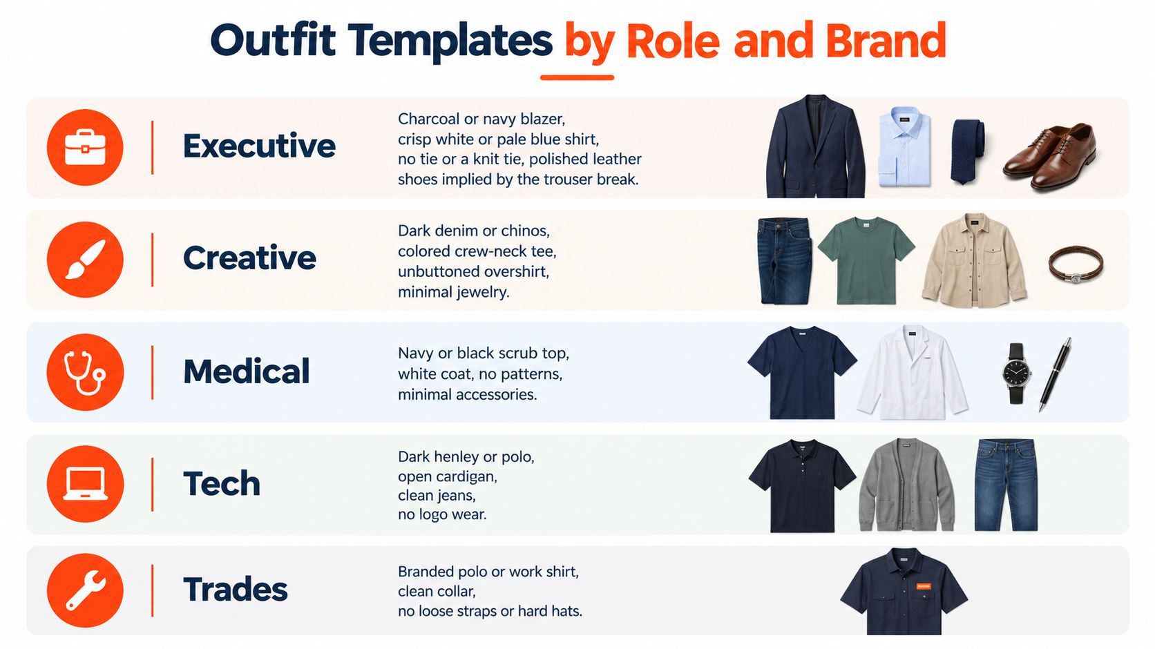 A professional infographic displaying outfit templates categorized by different career roles for business headshot photography.