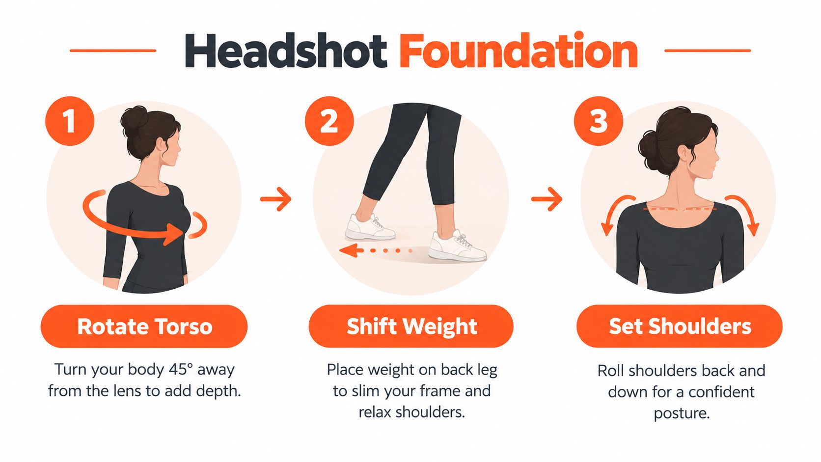 A three-step instructional infographic showing how to pose for headshots by rotating the torso, shifting weight, and setting shoulders.