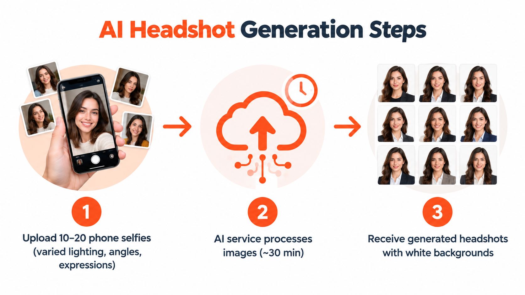 A simple three-step infographic showing how to generate AI professional headshots from uploaded phone selfies.