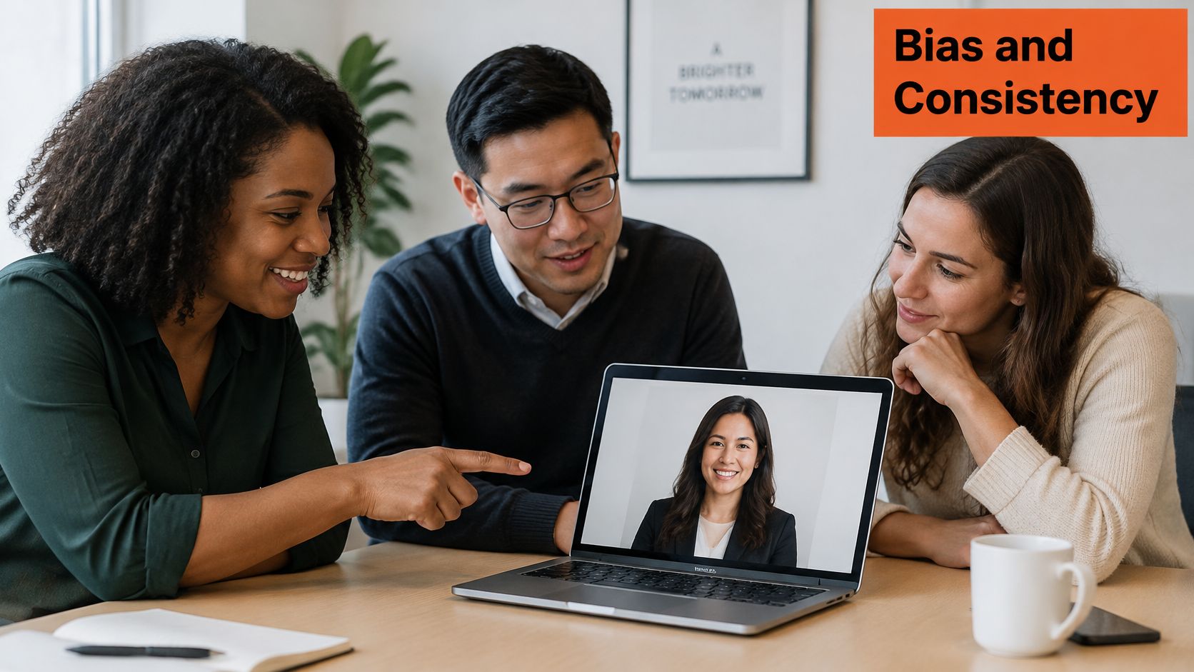 A diverse team of three colleagues looking at a professional video call on a laptop screen.