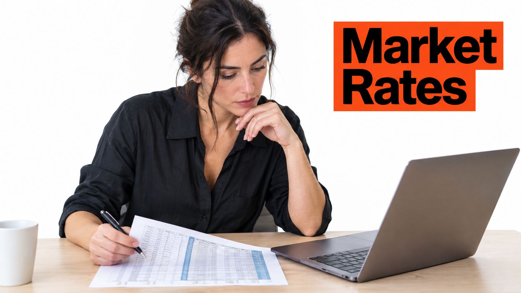 A professional woman reviewing a document while working on her laptop in a bright office environment.