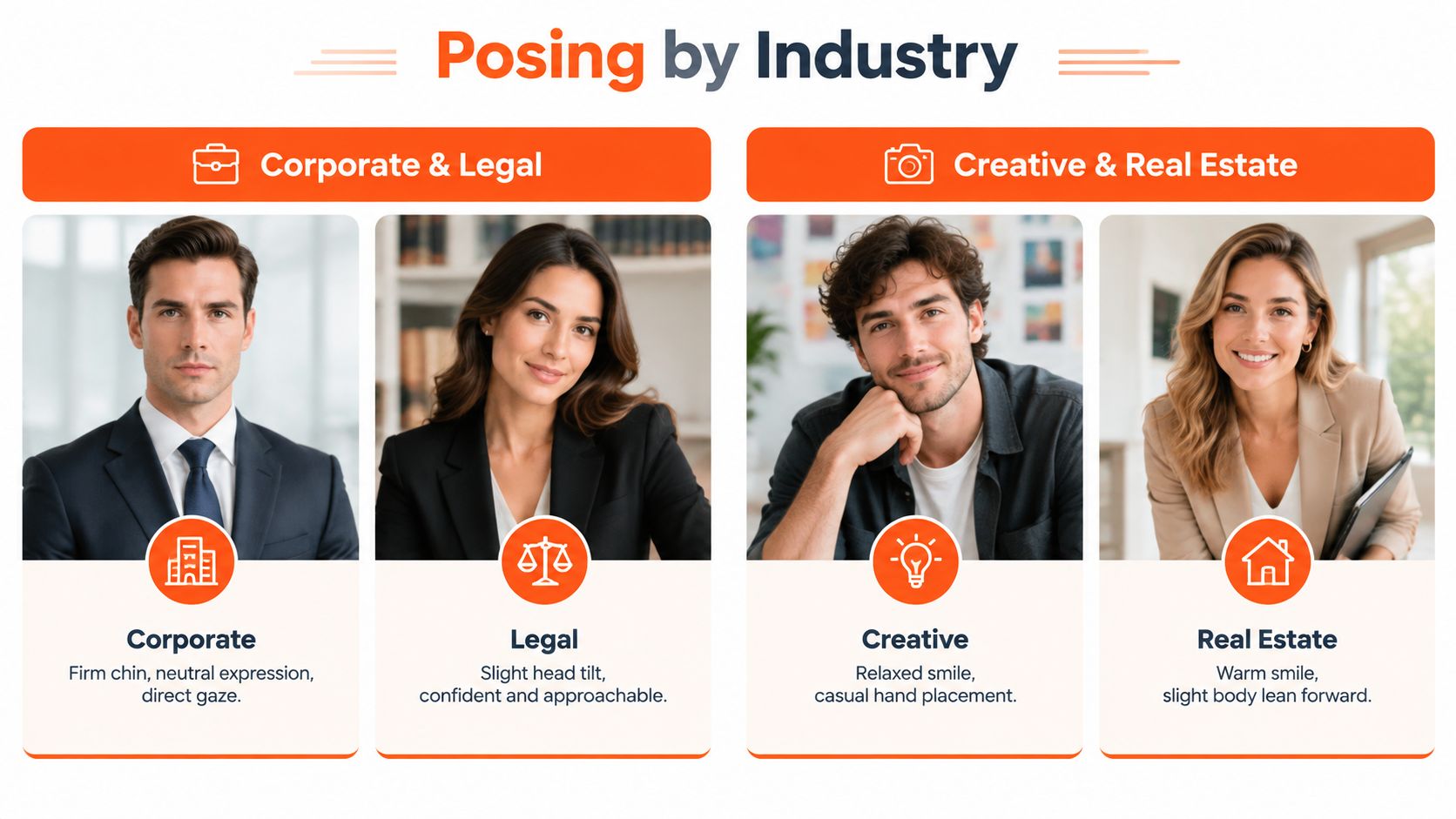 A professional guide illustrating various posing techniques for headshots across different industries like corporate, legal, creative, and real estate.