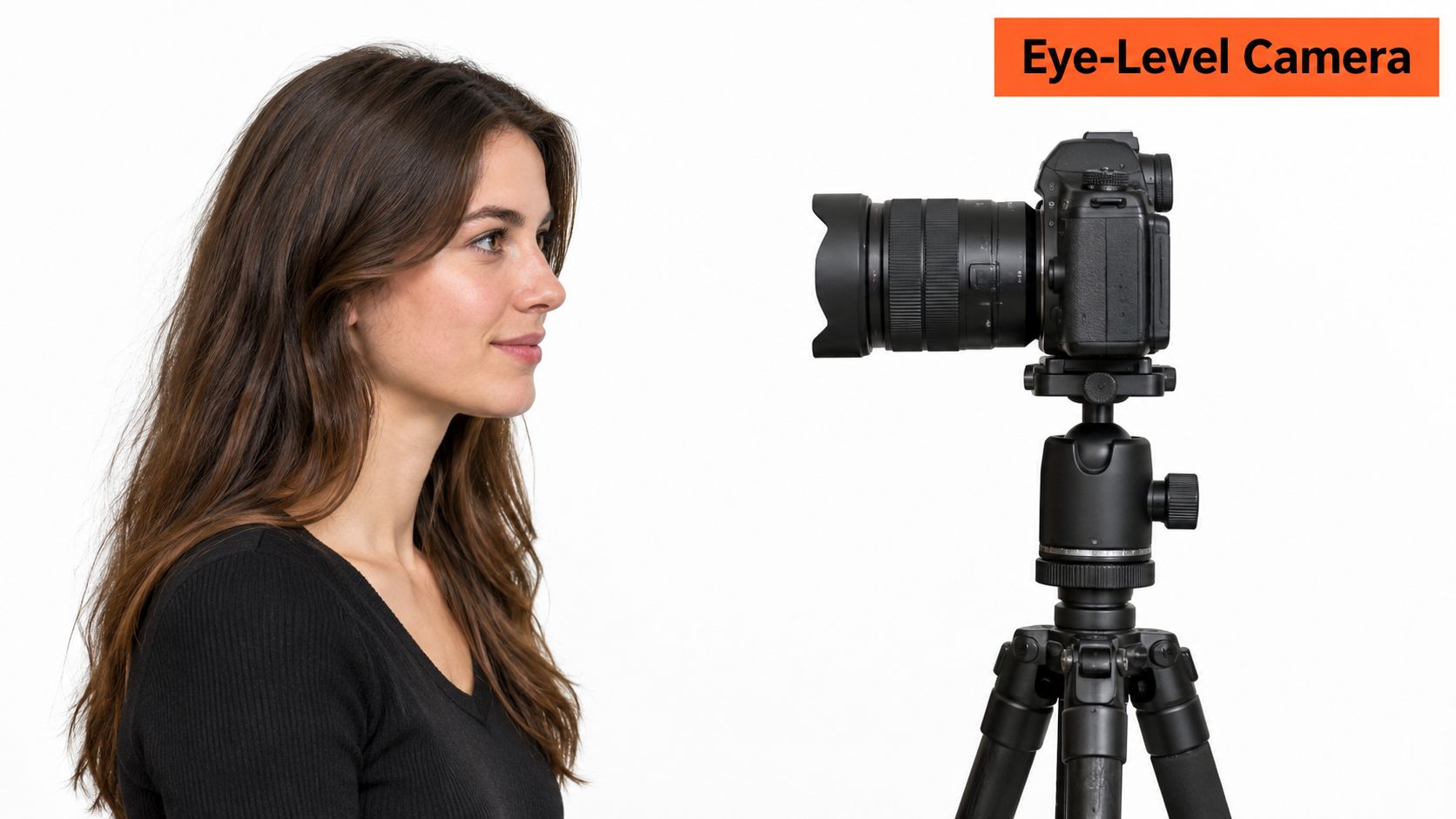 A woman posing for a professional headshot while a camera is positioned at eye level on a tripod.