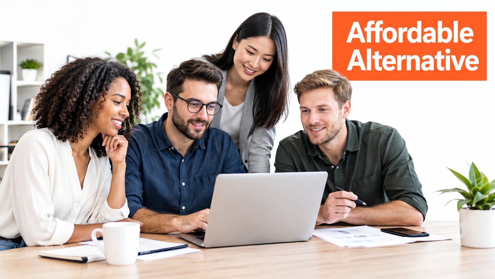 A diverse team of professionals collaborating and smiling while looking at a laptop in an office.