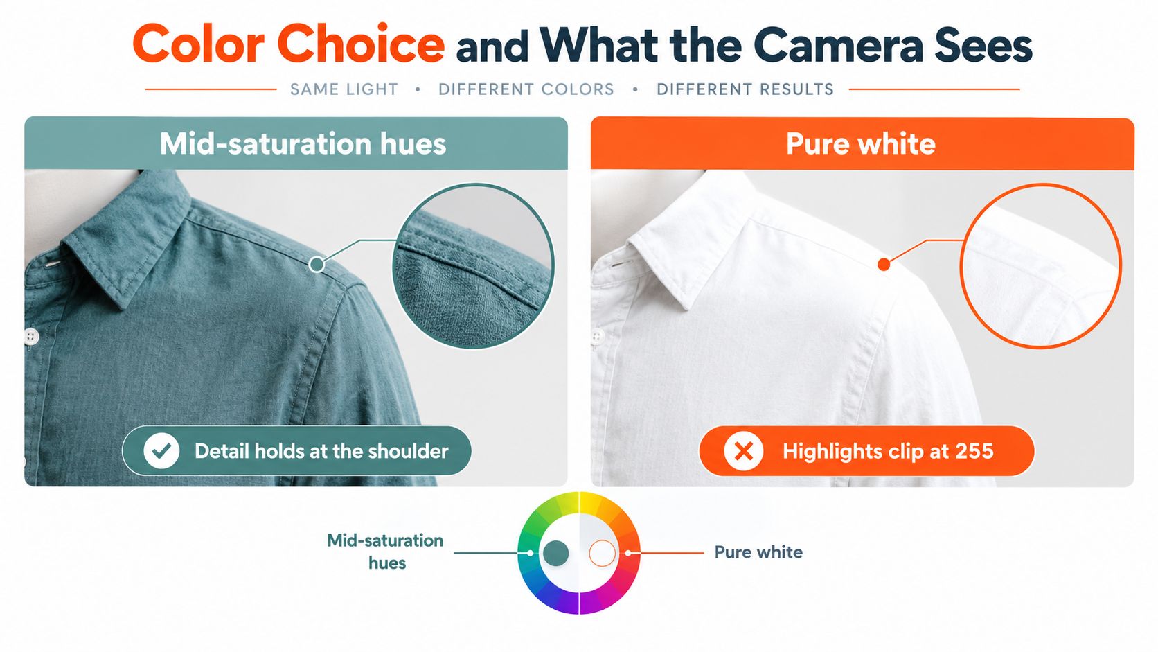 A graphic comparing the photographic quality of a mid-saturation shirt versus a pure white shirt in bright light.