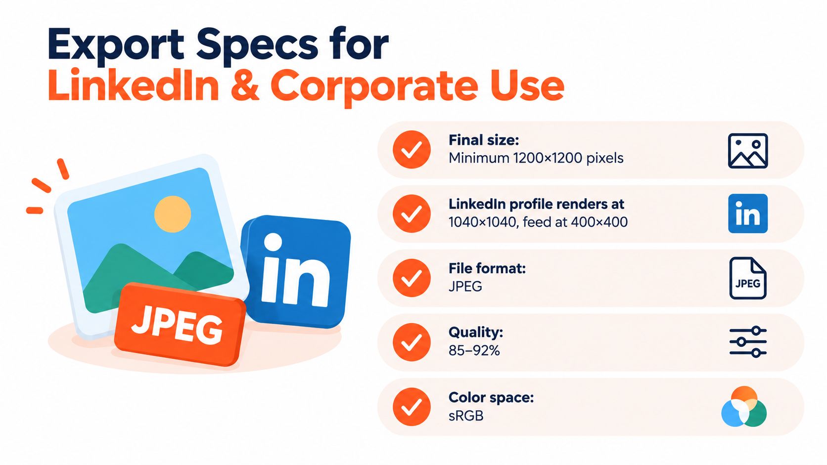An infographic displaying technical export specifications for LinkedIn profile photos and corporate graphics on a white background.