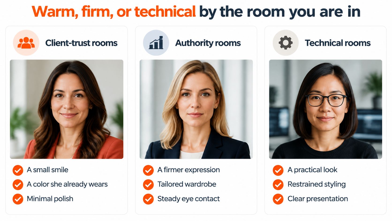 A chart showing three different women's headshot styles for client-trust, authority, and technical professional rooms.