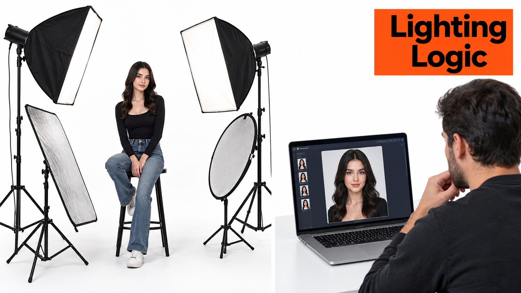A professional photographer reviews a high-quality corporate headshot on a laptop in a well-equipped studio setting.