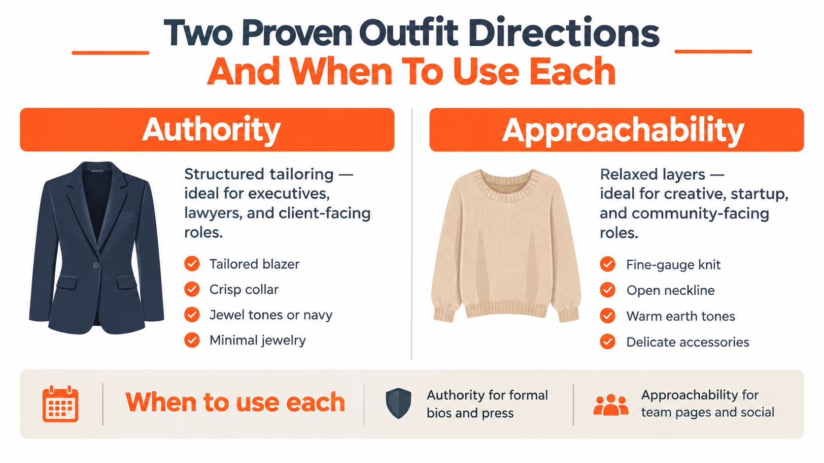 A graphic comparing professional outfit styles for women featuring a tailored blazer for authority and a knit sweater for approachability.