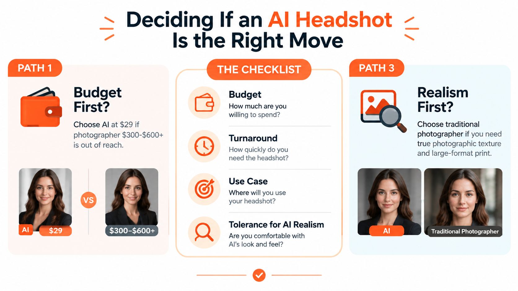 A comparison infographic helping professionals decide between AI-generated headshots and hiring a traditional photographer.