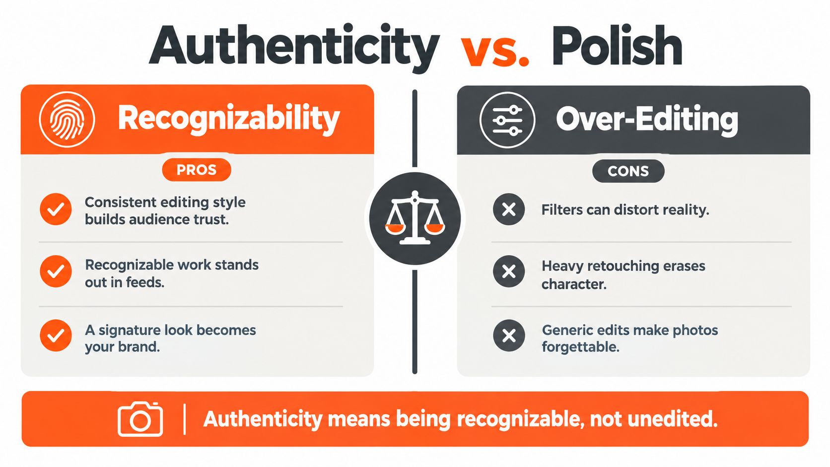 A graphic comparing authenticity and polish, highlighting the balance between recognizable branding and avoiding over-editing in photography.