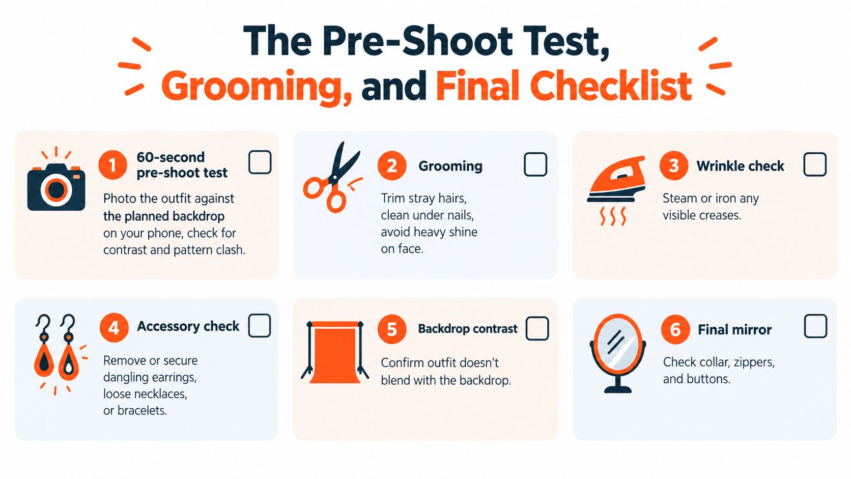 A helpful six-step checklist titled The Pre-Shoot Test, Grooming, and Final Checklist for professional photoshoot preparation.