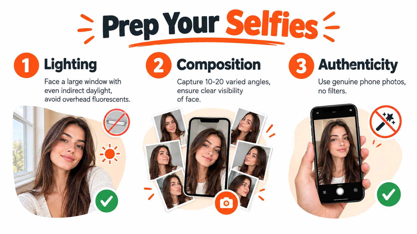 An infographic showing three steps to prepare selfies for professional headshots, including lighting, composition, and authenticity tips.