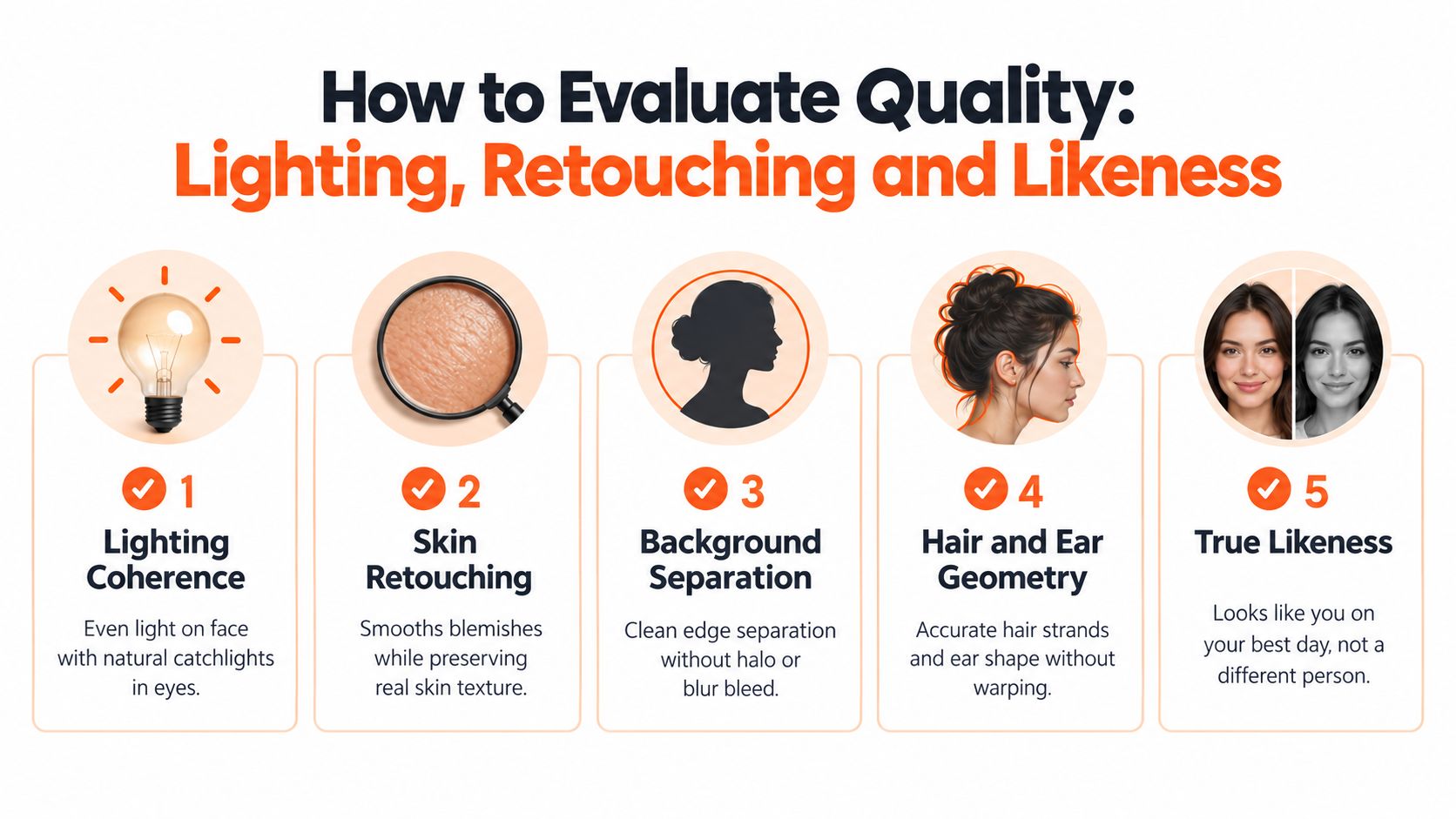 An infographic titled How to Evaluate Quality: Lighting, Retouching and Likeness, showing five criteria for professional headshots.