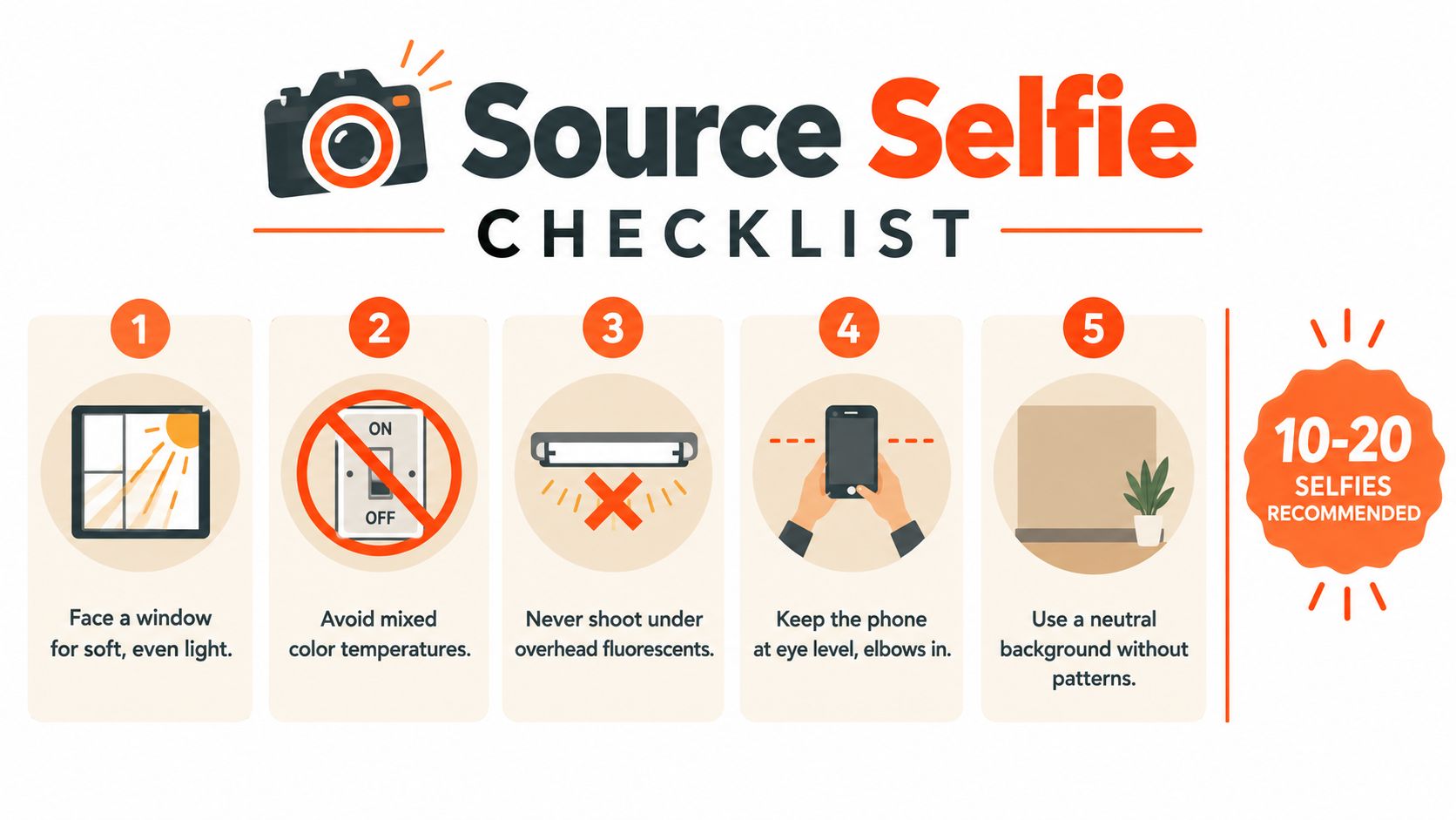 An infographic titled Source Selfie Checklist offering tips on lighting, camera positioning, and backgrounds for professional photos.