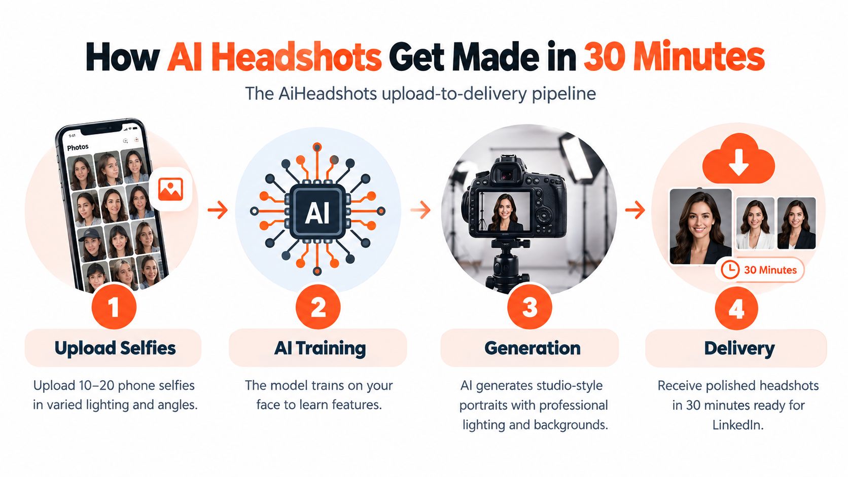 A diagram illustrating the four-step AiHeadshots pipeline from uploading selfies to receiving professional AI-generated headshots.