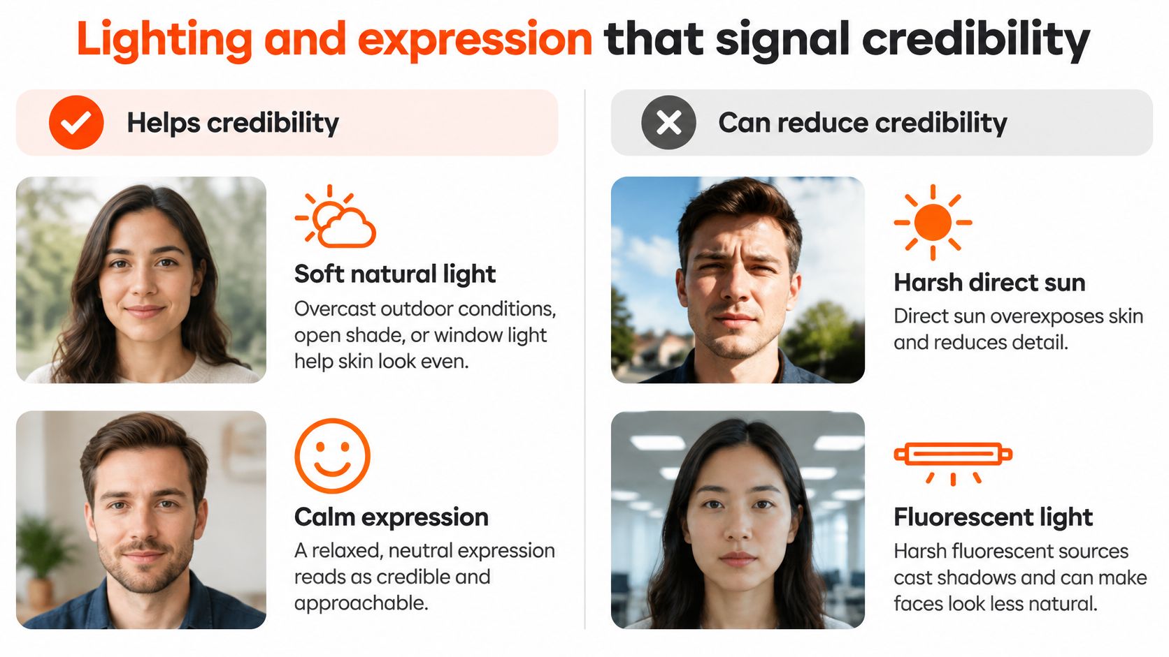 A comparison guide showing how soft lighting and calm expressions improve professional profile photo credibility.