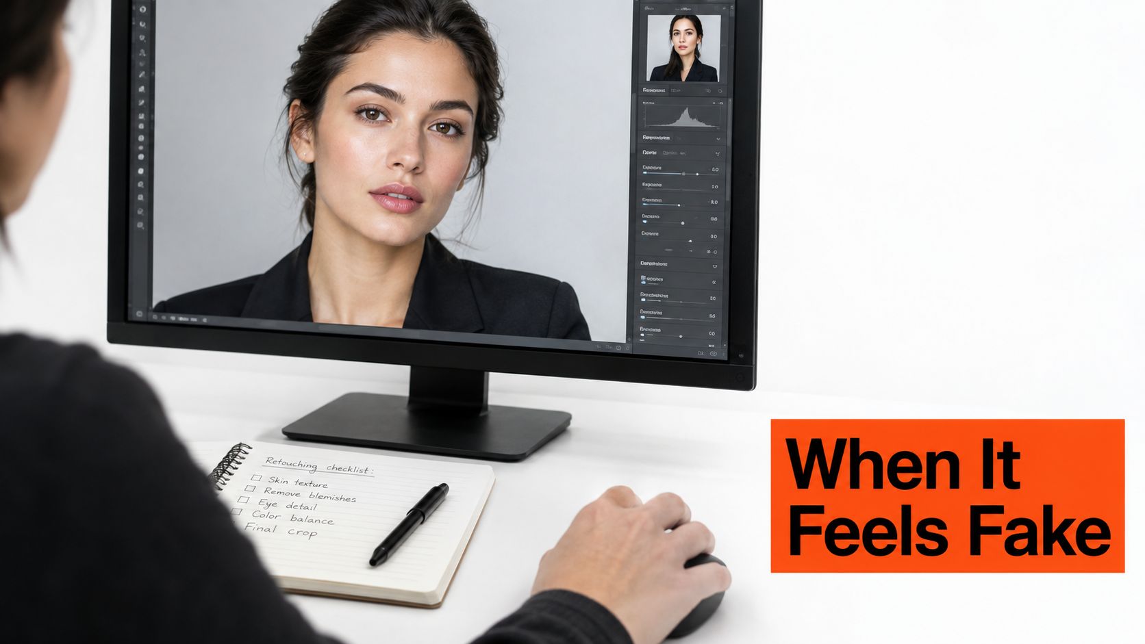 A person editing a professional portrait on a computer screen while referencing a retouching checklist on paper.