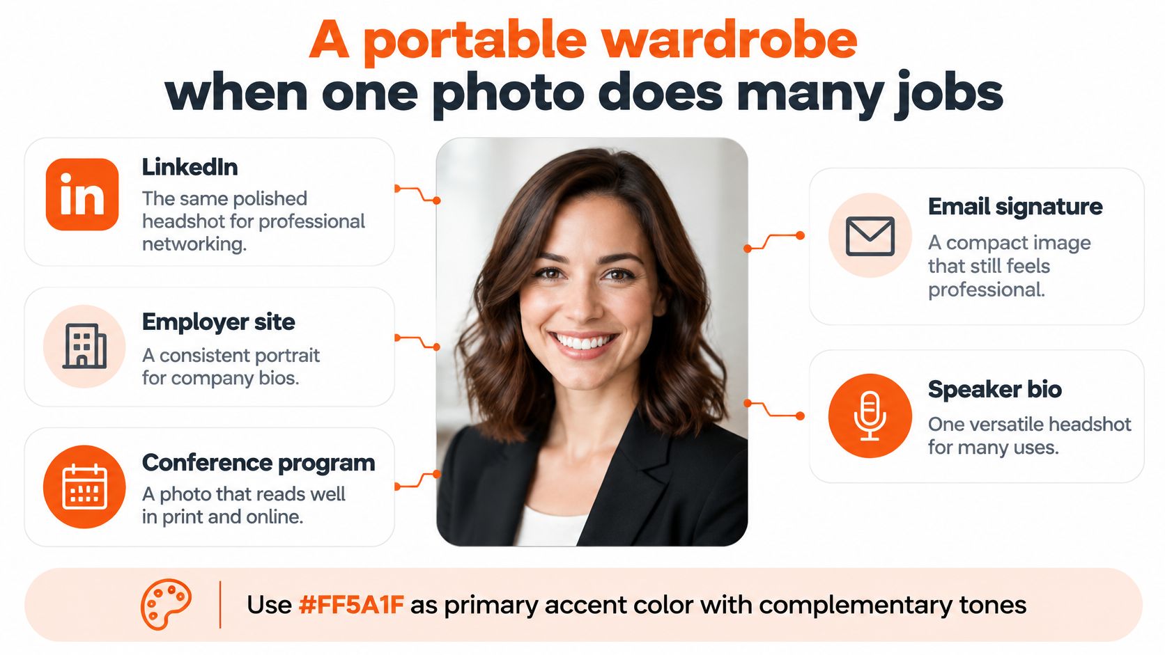 A woman smiling in a professional headshot, showing its versatility for LinkedIn, email signatures, and conference bios.