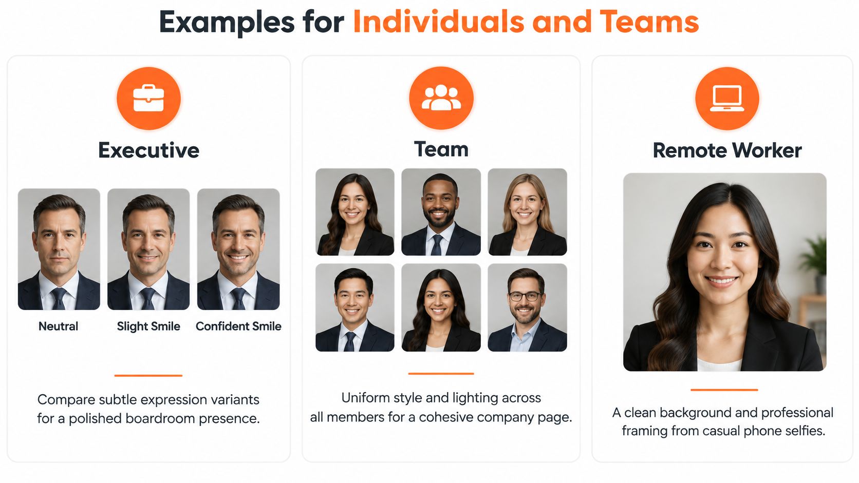 Examples of professional headshots for executives, teams, and remote workers shown in a grid layout.
