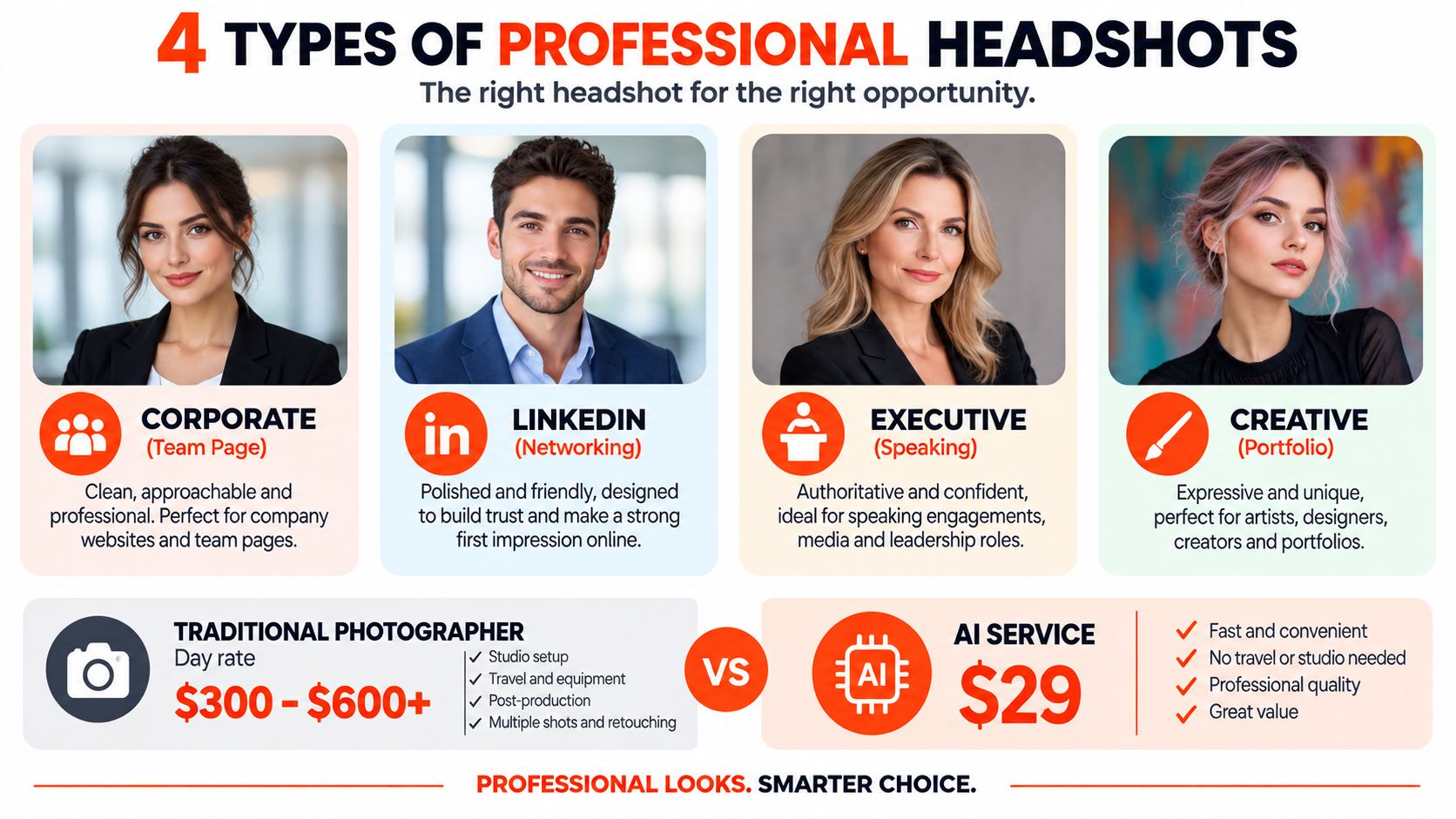 An infographic showing four professional headshot styles for business use compared against AI generated services.