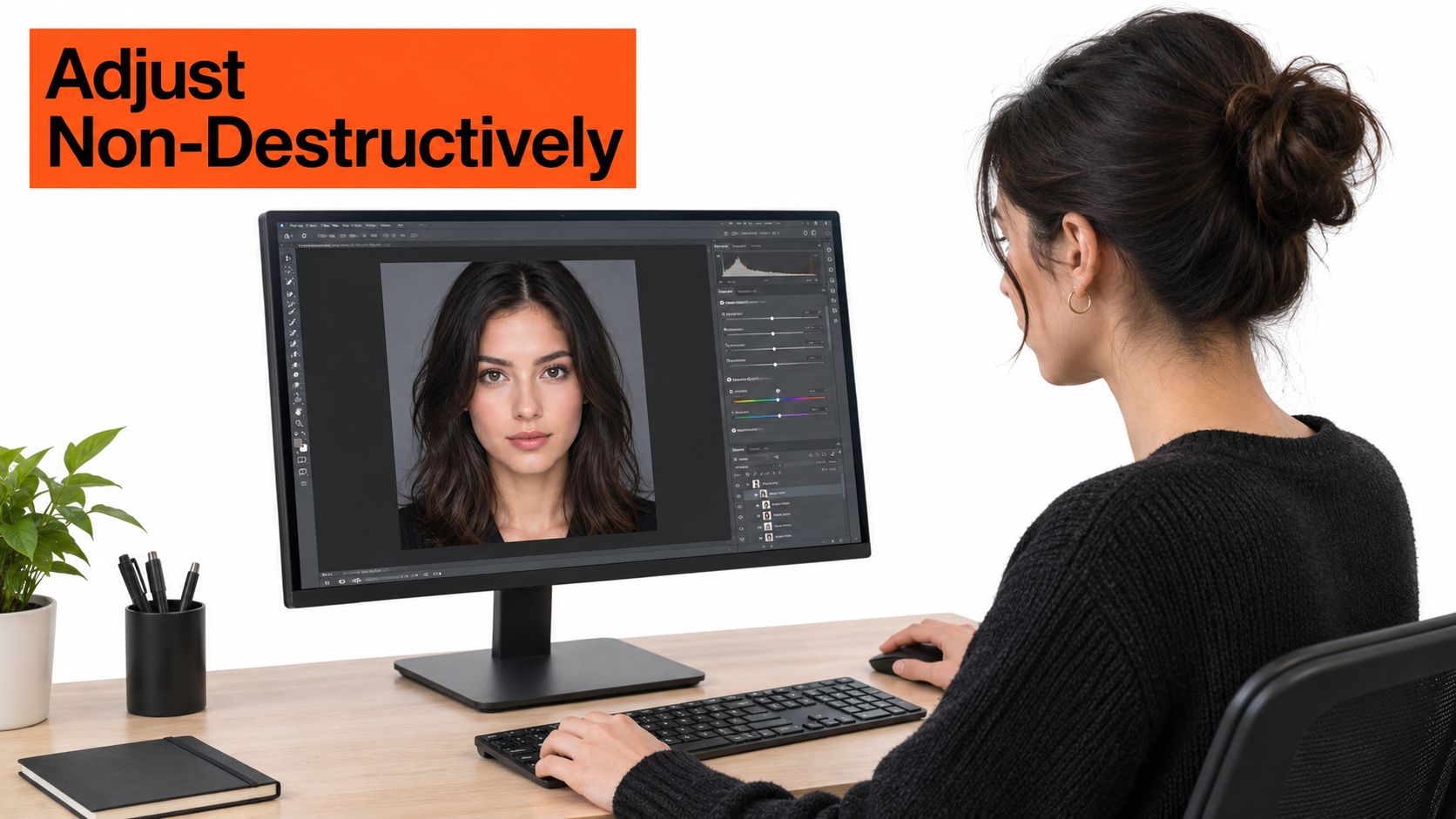 A woman working on a professional photo editing project on her computer monitor in a studio.