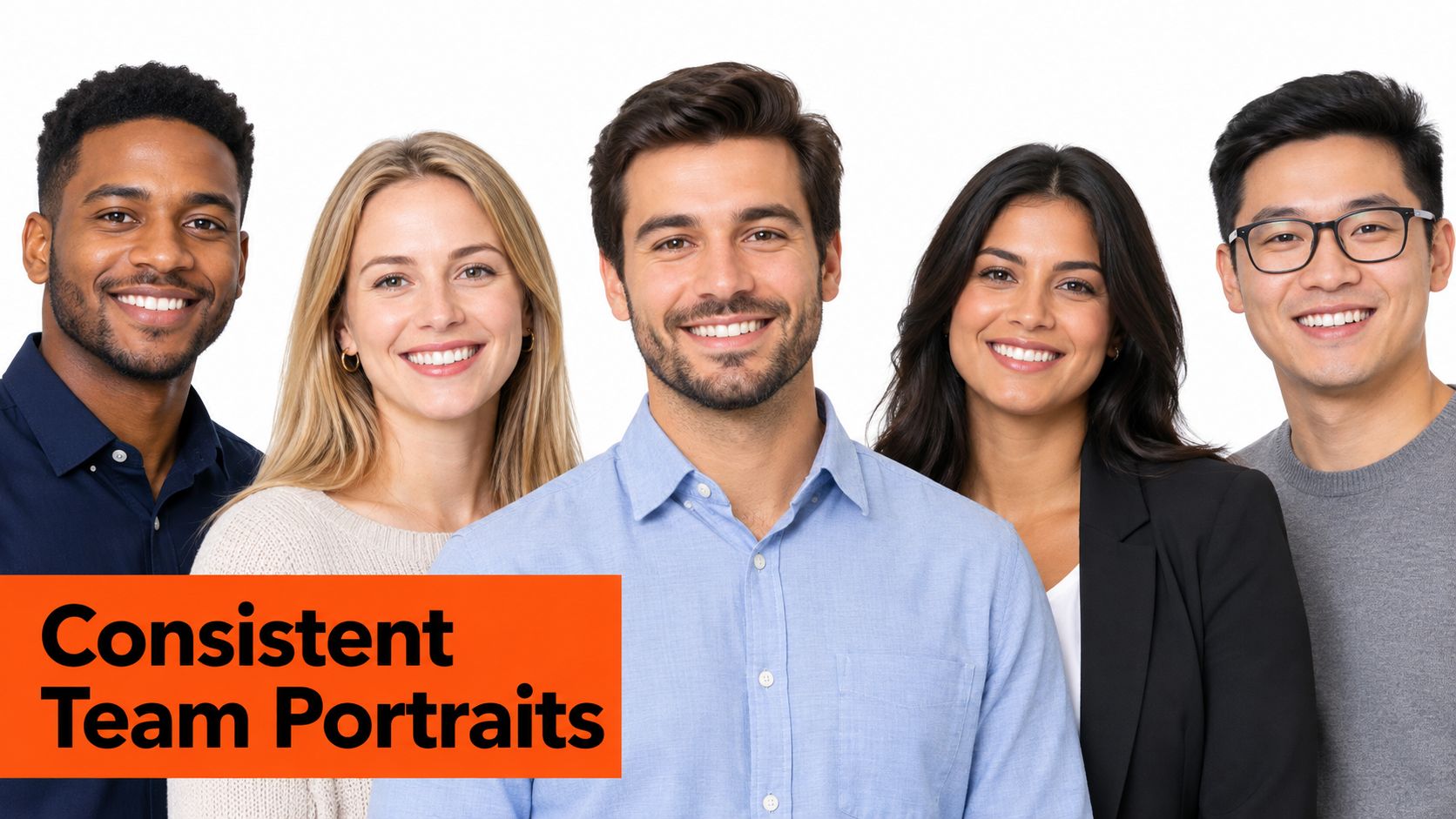 A diverse group of five smiling professionals posing together for a consistent team portrait against white.