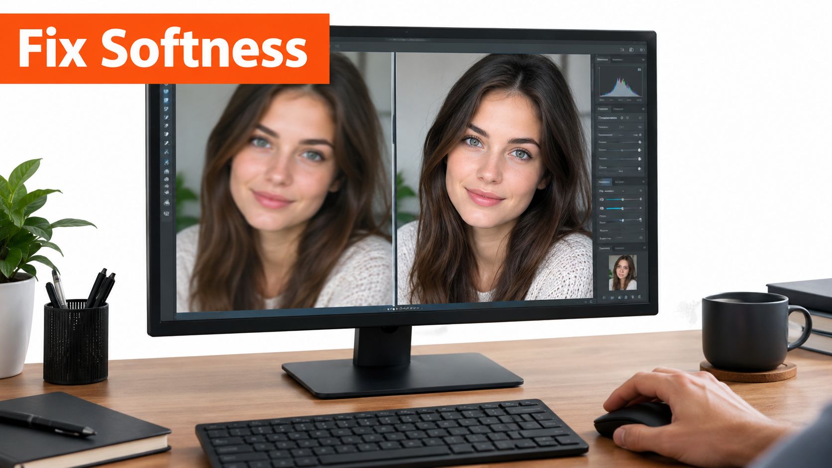 A computer screen displaying a photo editing software comparing a blurry image to a sharpened version.