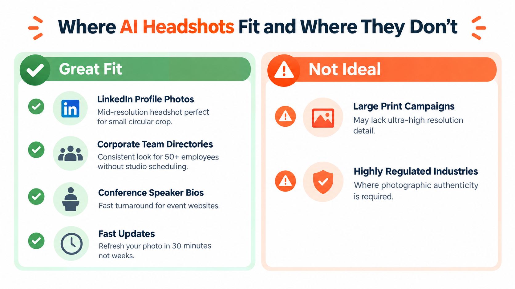 An infographic comparing the best use cases for AI headshots versus scenarios where they are not ideal.