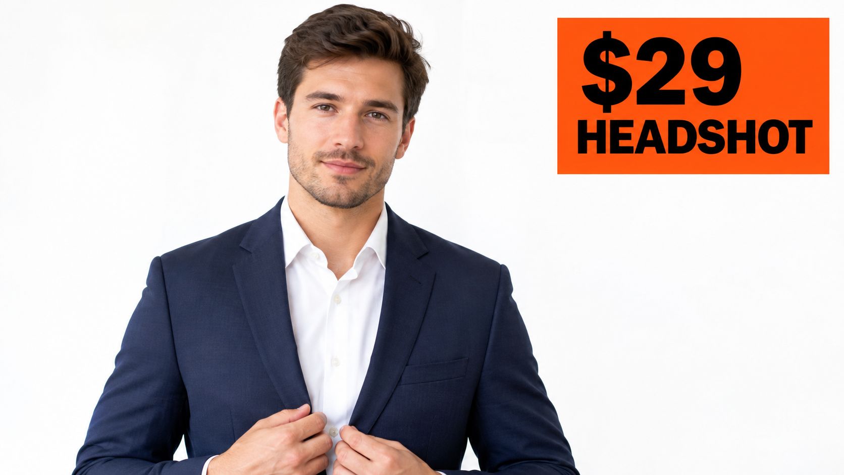 A professional man in a navy suit against a white background advertising a twenty-nine dollar headshot service.