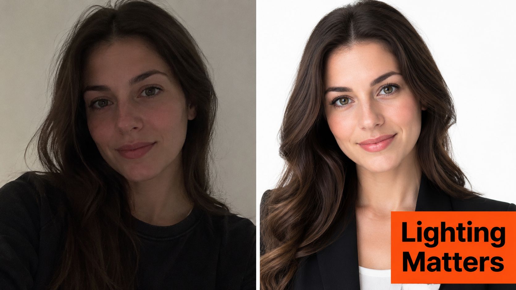 A side-by-side comparison showing the transformative effect of professional lighting on a woman's corporate headshot.