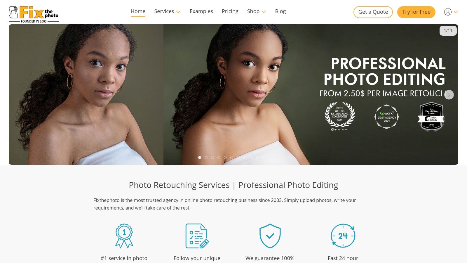 FixThePhoto before and after showing a portrait with controlled skin and feature retouching