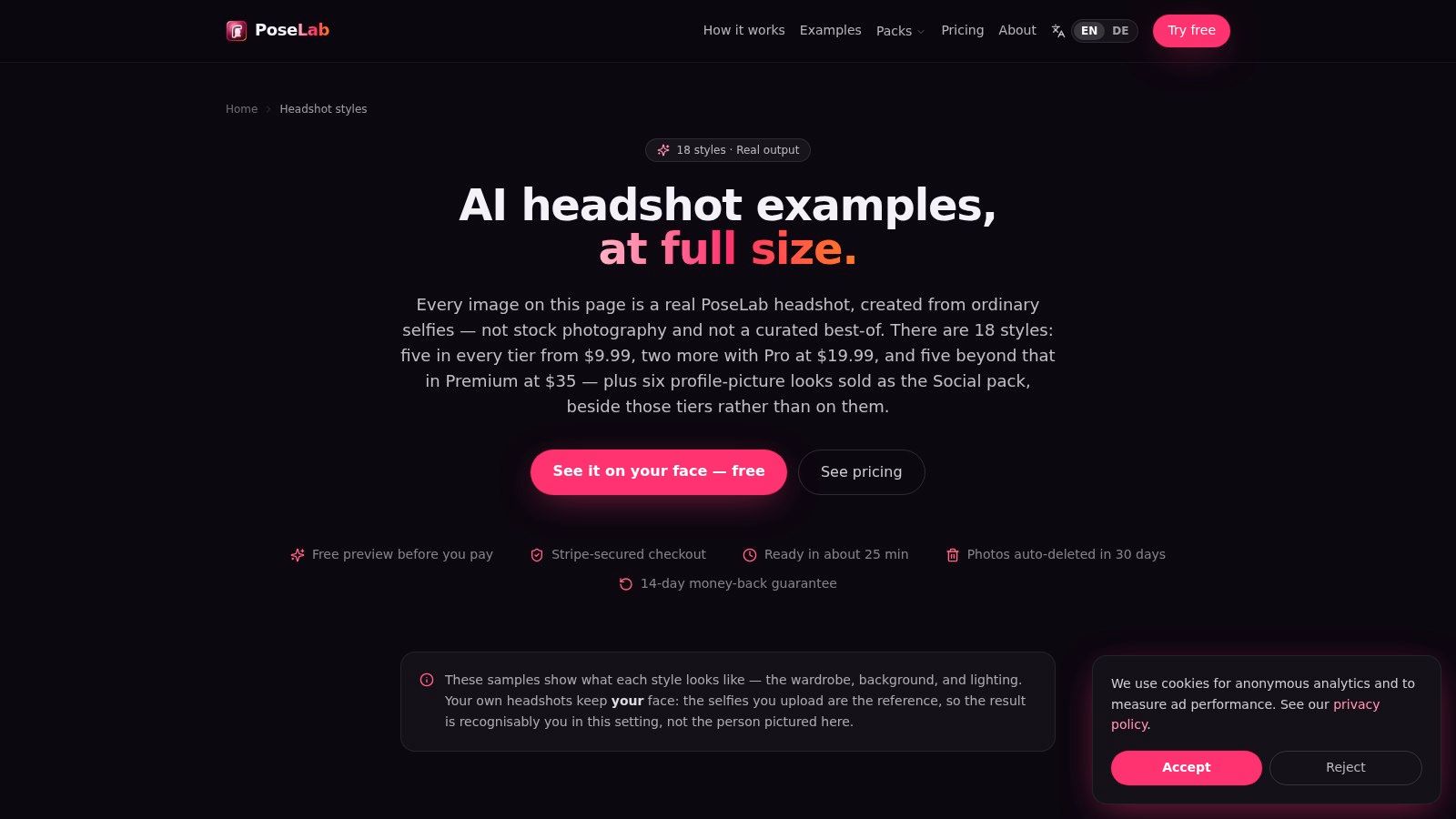 PoseLab all 18 styles examples page