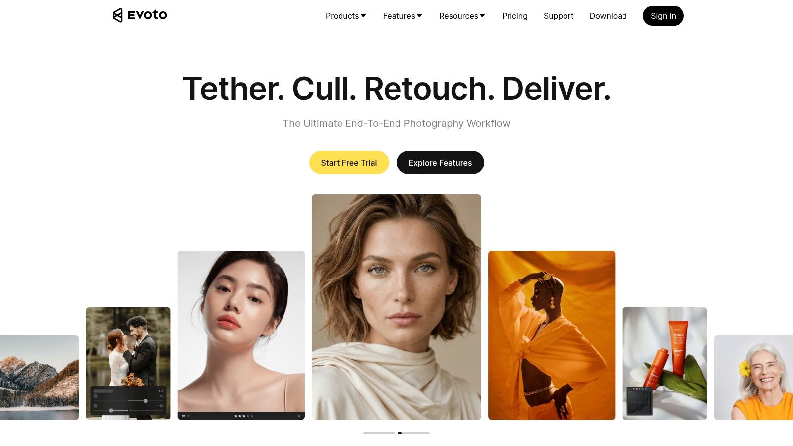 Evoto AI before and after showing batch portrait retouching with background cleanup