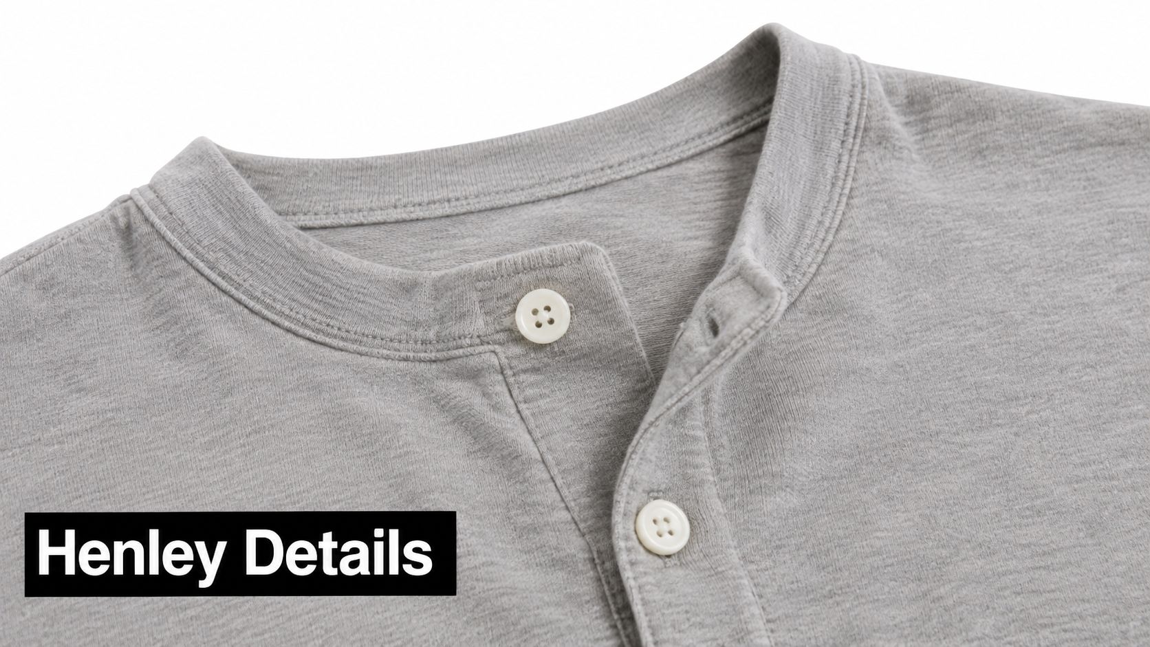Close-up of a grey henley shirt featuring a button-up placket and a classic ribbed crew neckline.