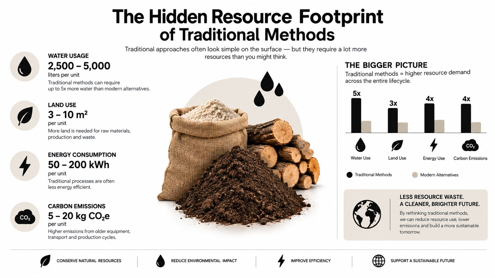 An infographic comparing the high resource usage of traditional manufacturing methods against modern sustainable alternatives.