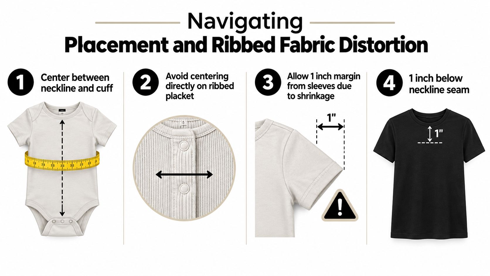 An infographic illustrating four guidelines for proper print placement and managing ribbed fabric distortion on garments.
